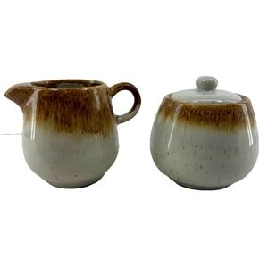 McCoy Pottery 7020 Creamer‎ & Sugar Bowl w/ Lid Brown Drip Glaze Set Vintage EUC